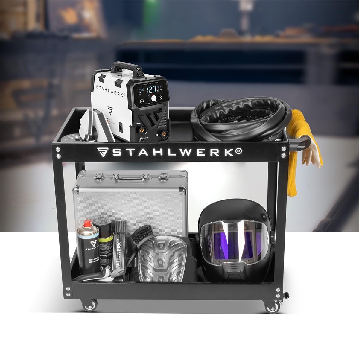 STAHLWERK Poste à souder Mini FLUX 120 ST Digital – Kit complet avec chariot – Soudage au fil fourré (FLUX) sans gaz jusqu'à 120 A, dévidage synergique, LED, fonction Lift-TIG & MMA (ARC)