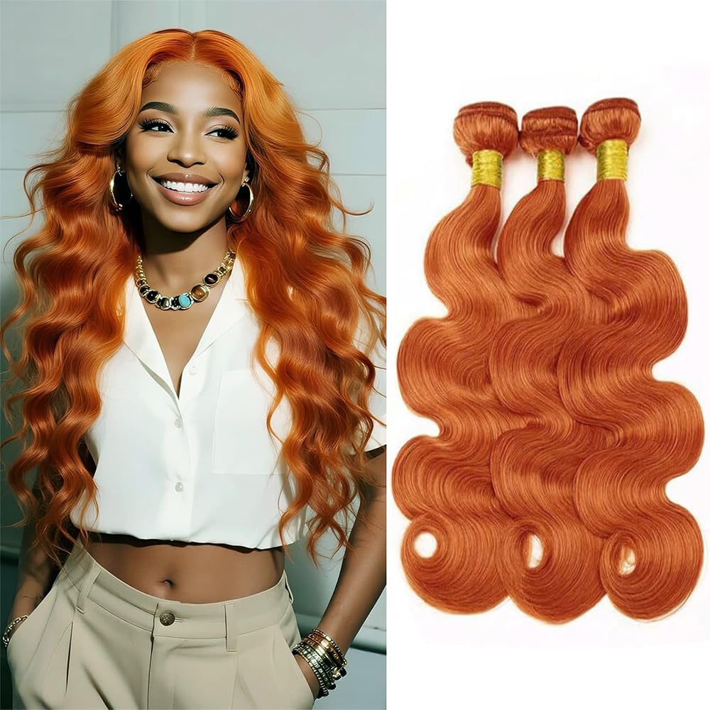 Burnt Orange Body Wave Bundles Color 350 Human Hair Ginger Bundles Double Weft Remy Hair Soft and Silky Weave Extensions for Black Woman (24 26 28