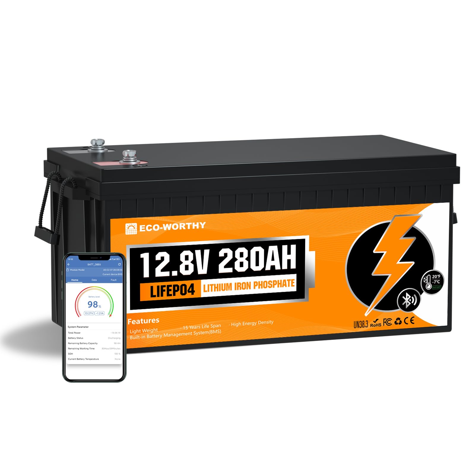 ECO-WORTHY 12.8V 280AH LiFePO4 Lithium Battery,Built in BMS,6000+ Deep Cycles,3584Wh Energy.For RV,Off-Grid Solar Power System, Home Backup,Marine