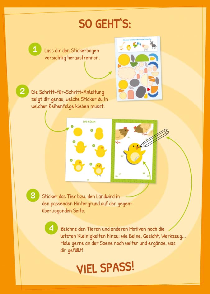 Stickern Schritt für Schritt. Bauernhof | Mit 15 niedlichen Bauernhof-Motiven | Trainiert Feinmotorik und Konzentration | Für Kinder ab 4 Jahren: ... über 100 Sticker (Spielen & Beschäftigen)
