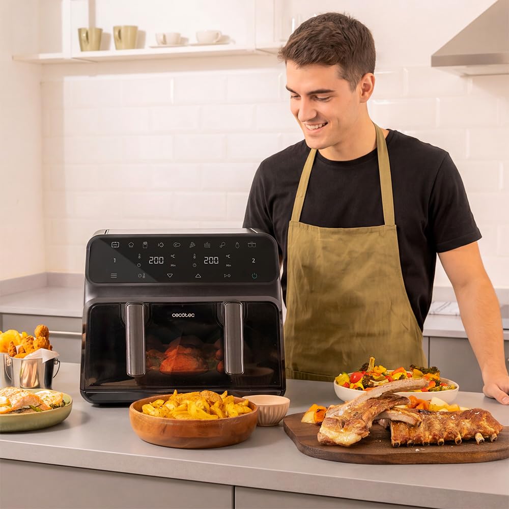 Cecotec 9L Cecofry Advance 9000 Windows Frytkownica powietrzna, bezolejowa, 2200 W, podwójne wiadro 4,5 l, ścianka działowa, podwójna temperatura, wyświetlanie okna, 8 menu, Temp 60-200 stopni, panel