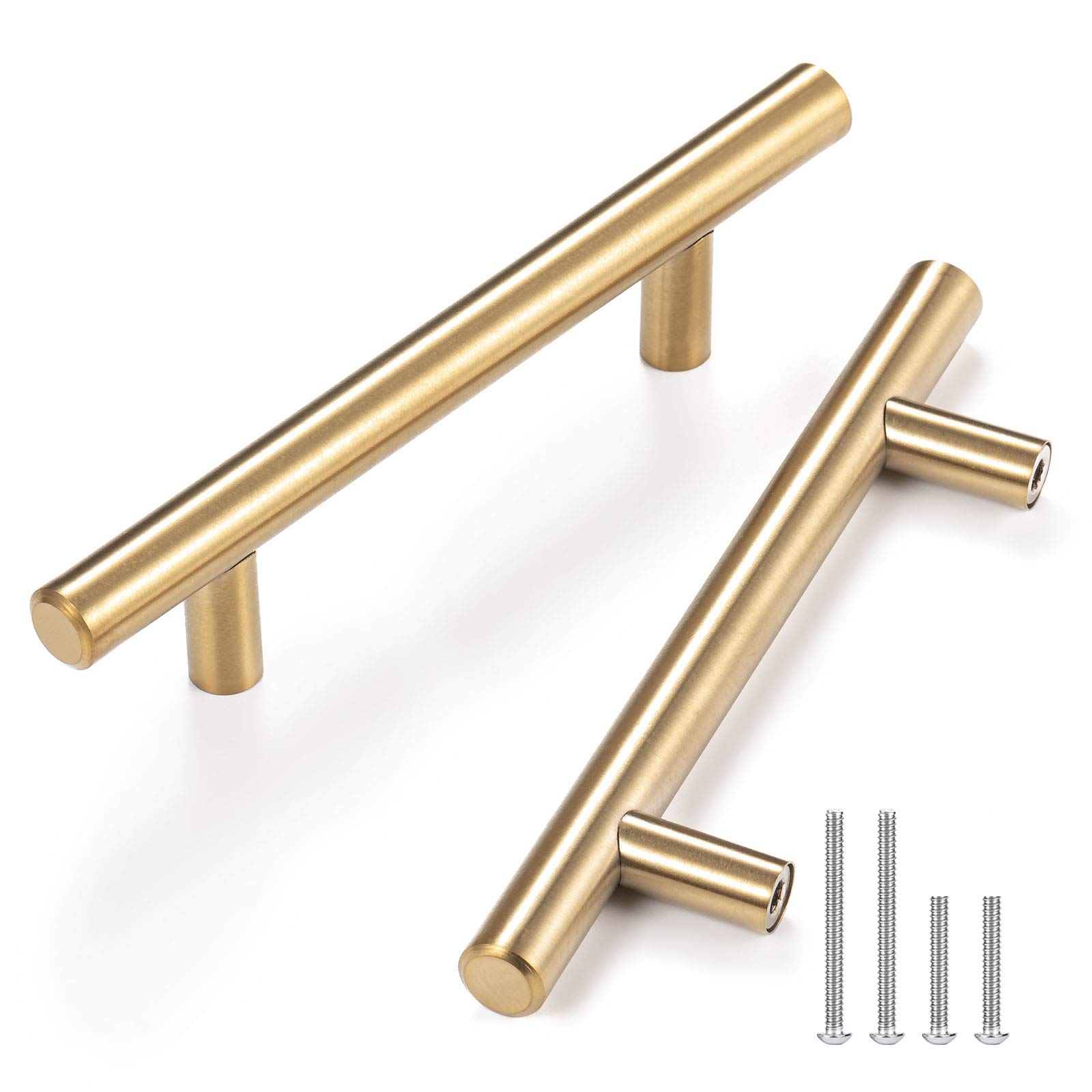 CZC HOME 10 Pack 6 Inch Cabinet Pulls Stainless Steel Drawer Handles, 3.5" Hole Center Drawer Pulls for Kitchen Dresser Cupboard with 2 Sizes Screws Brushed Brass