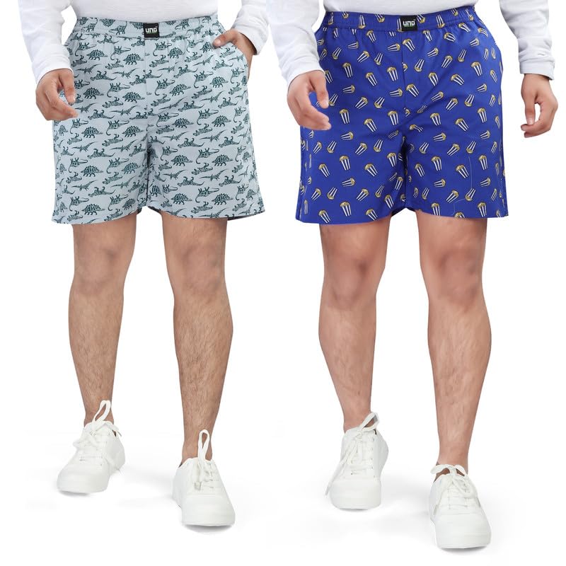 Image of UNOseven Shorts for Boys - 100% Cotton Printed with Side Pockets - Pack of 2 - Available from Size 7 Years to XL