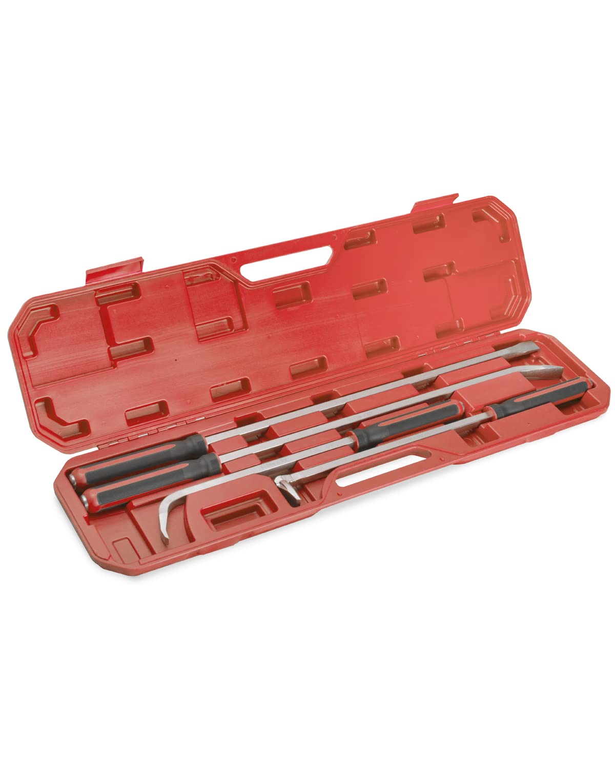 ROTATION 4-Piece Heavy-Duty Pry Bar Set, Forged Chrome Vanadium Steel, Metal Strike Caps, Soft Grip Non-Slip Handles, 30°/75°/90° Angled & Straight Tips, 24” 36” Wrecking Bars with Storage Case, Red
