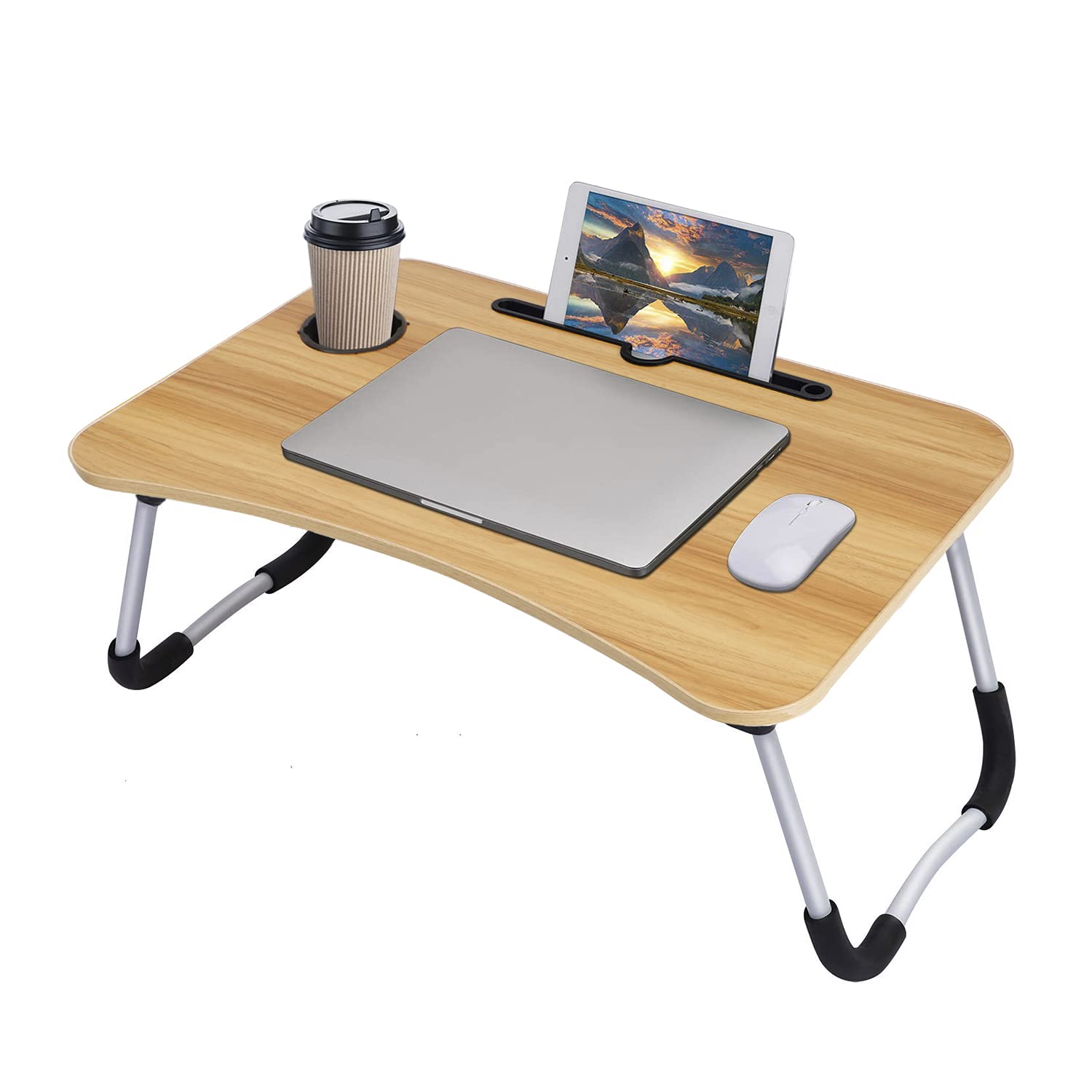 HOKIPO Wooden Foldable Laptop Table for Home Office |Laptop Desk Bed Table with Ipad/Phone Holder and Mug Holder & Non-Slip Legs (AR-3591) (B098F88TF7) Amazon Price History, Amazon Price Tracker