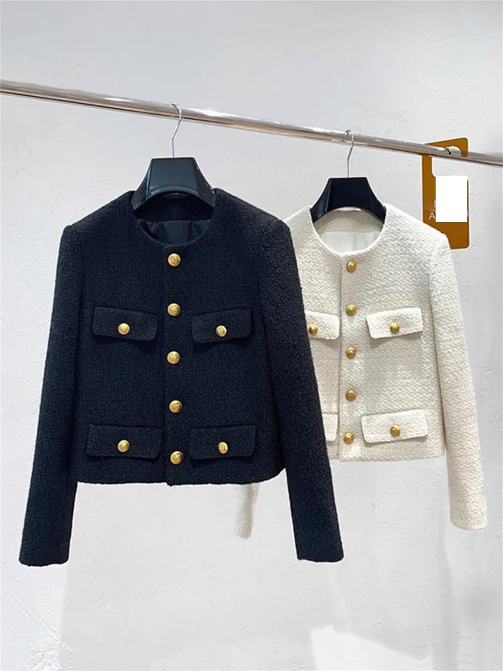 Dvbfufv Women's Autumn Winter Tweed Jacket Women Vintage Woolen Cropped Coats Streetwear Elegant Casual Slim Outwear Tops
