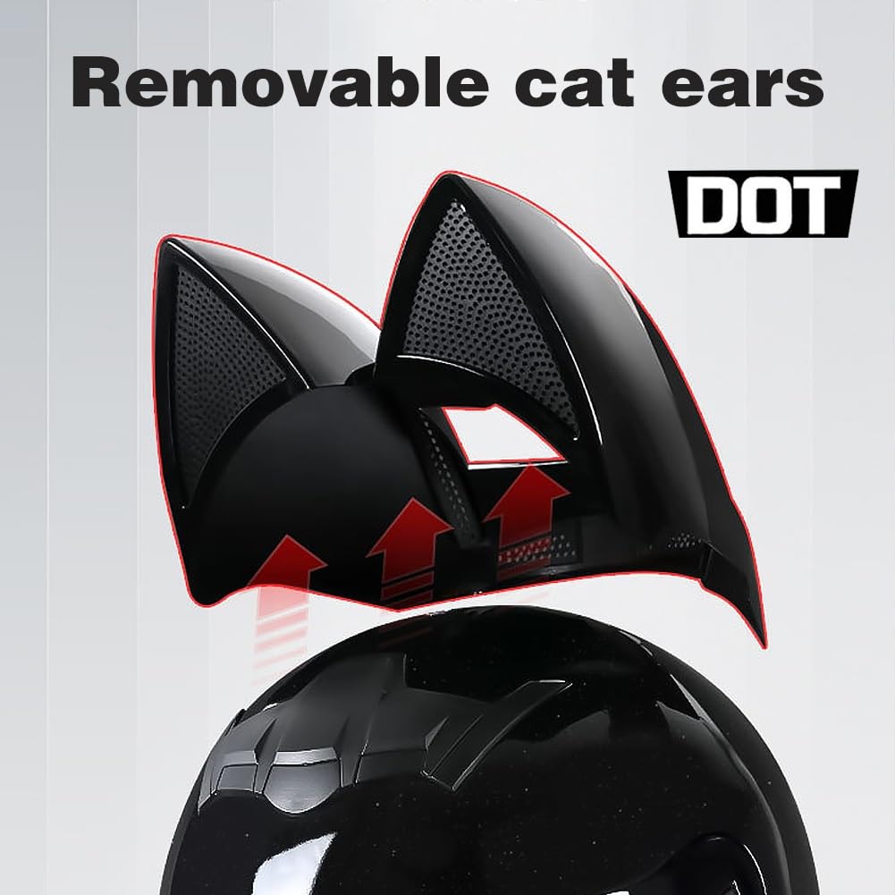 Personalized Cat Ear Bluetooth Motorcycle Helmet, DOT FMVSS-218 Certification Full Face Motorbike Helmet, Cool Cute Cat Helmets with Clear Visor, for Men and Women ( Color : A , Size : M(57~58cm) )