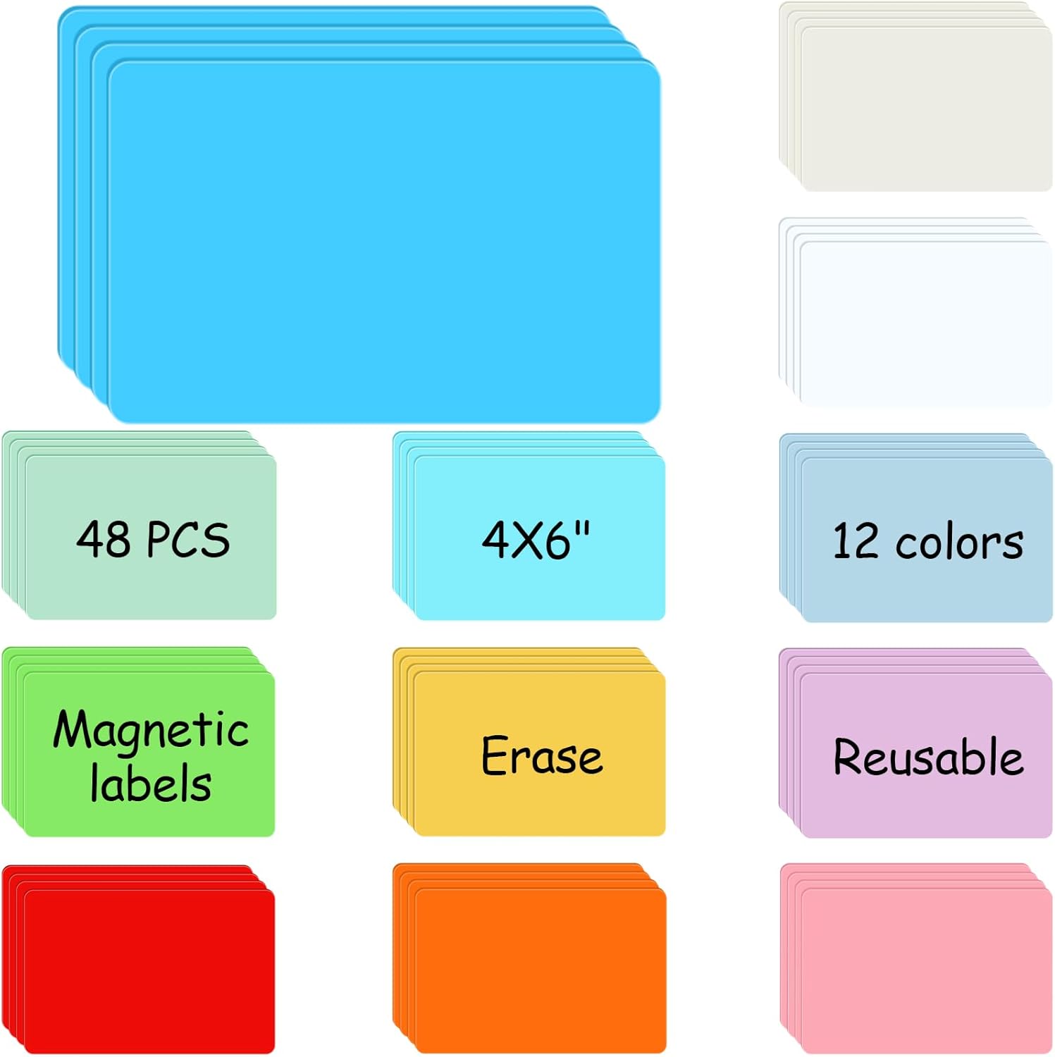 Ctosree 48 Pcs Dry Erase Magnetic Labels 4 x 6 Inch, Dry Erase Magnets Reusable Magnetic Magnets Name Tags Blank Multipurpose Colorful Stickers Strips for Whiteboard Locker School Office(Mixed Color)