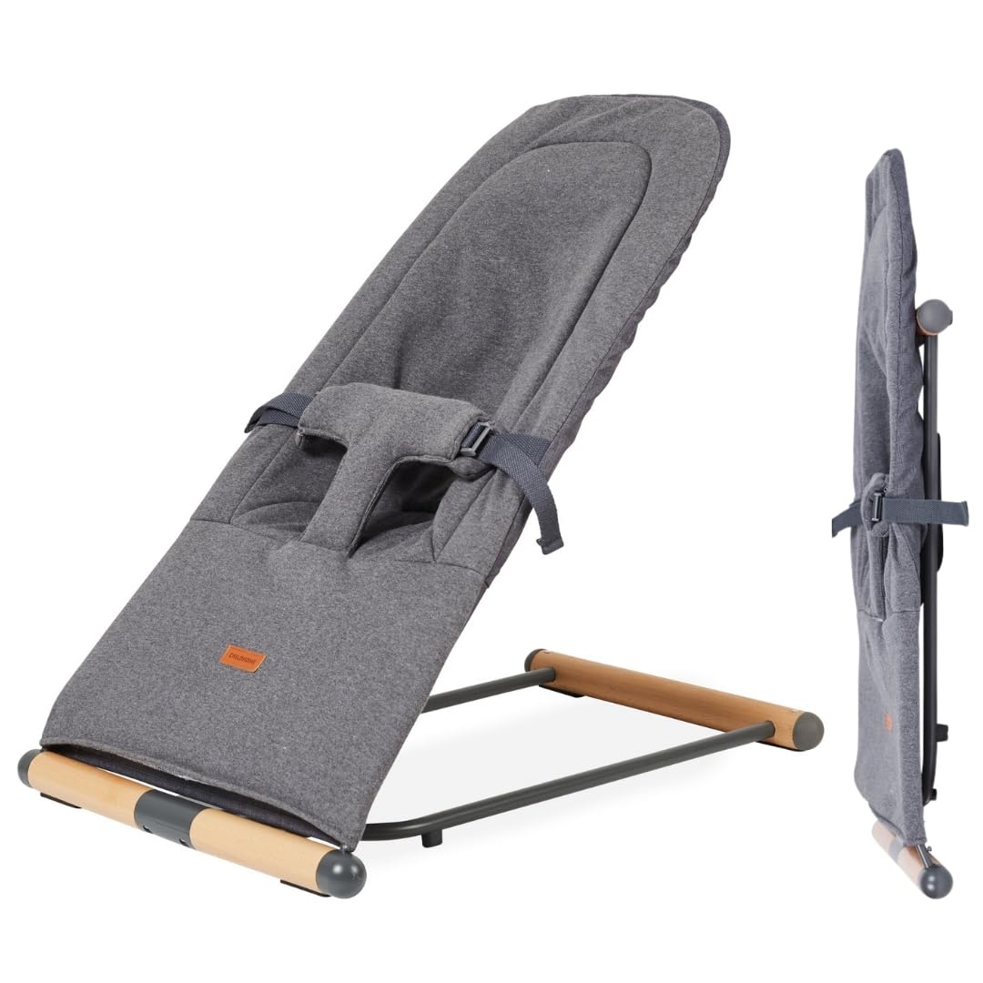 CHILDHOME, Transat Bébé Enfant Pliable, 3 inclinaisons 1 Bouton, Oekotex, Ultra Compact, Fin, Epaisseur 5cm, Confortable, Harnais 3 Points, 0 à 15kg, Unisexe, Housse Transport, Evolux, Anthracite