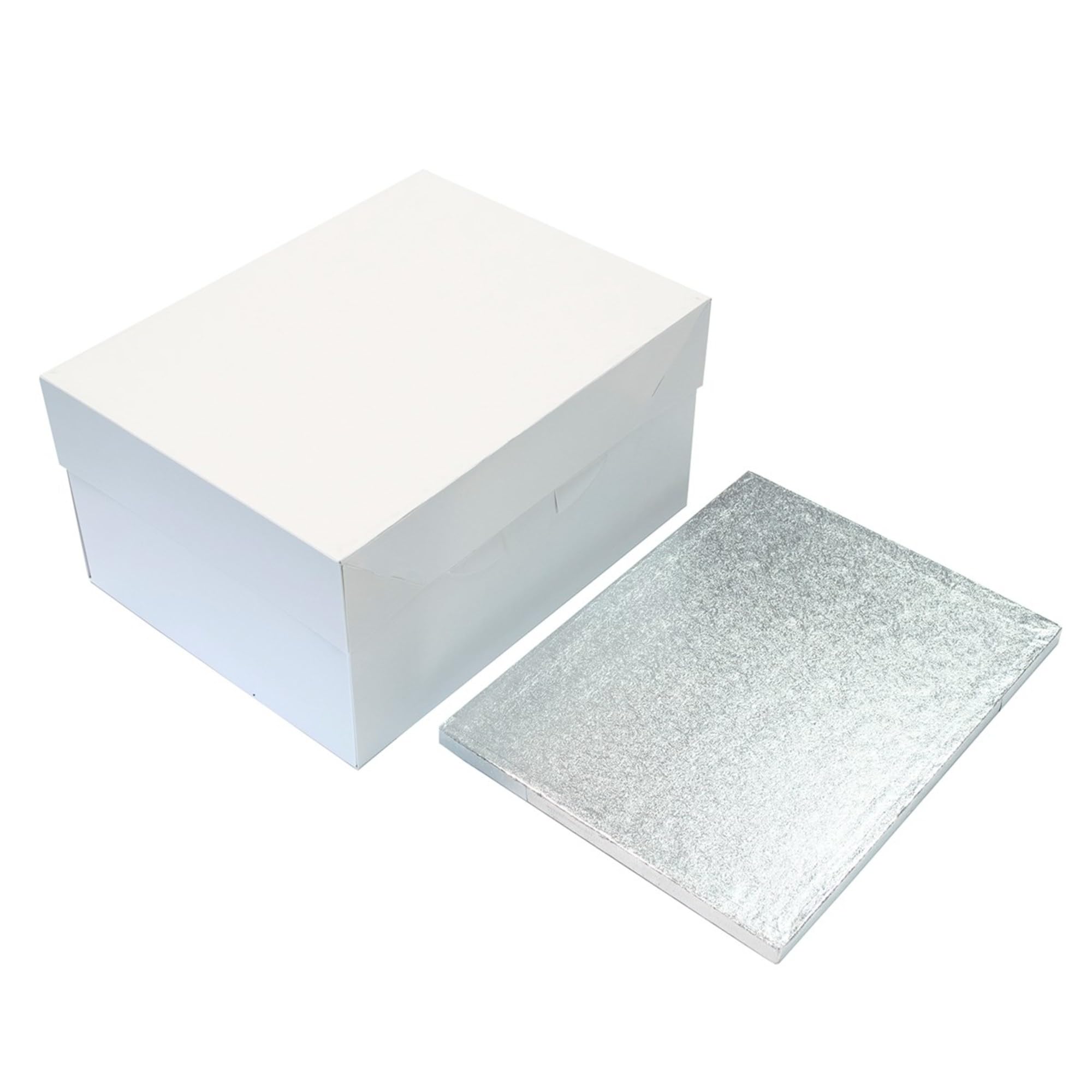 Culpitt 12'' X 9'' Cake Board & White Cake Box Combo, Oblong Silver Fern Cake Drum With Matching Box, 0.5'' (13mm) Thick, Rectangular Cake Transport, 304 X 228mm - Single Pack - 5