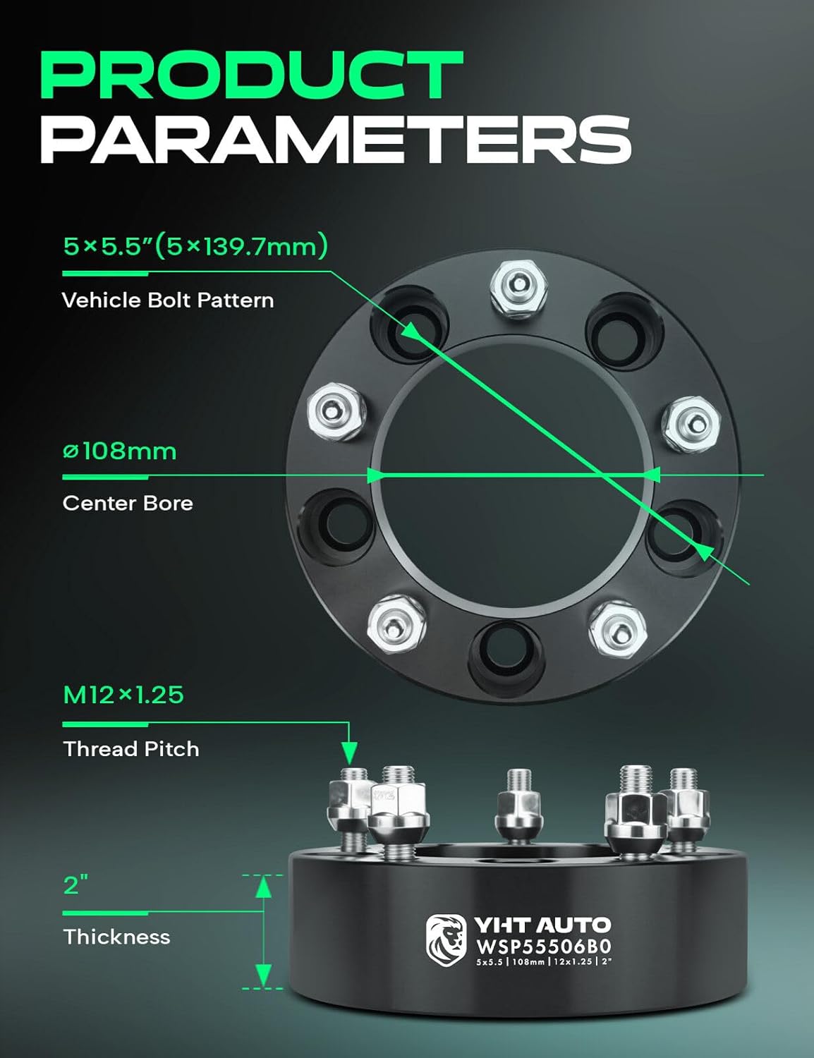YHTAUTO 5x5.5 Wheel Spacers 2 inch Compatible with Chevrolet, Suzuki Models, Tracker, Geo Tracker, Vitara Tire Spacers w/ M12x1.25 & 12.9 Grade Studs, 108mm Center Bore 5 Lug 4PCS Black