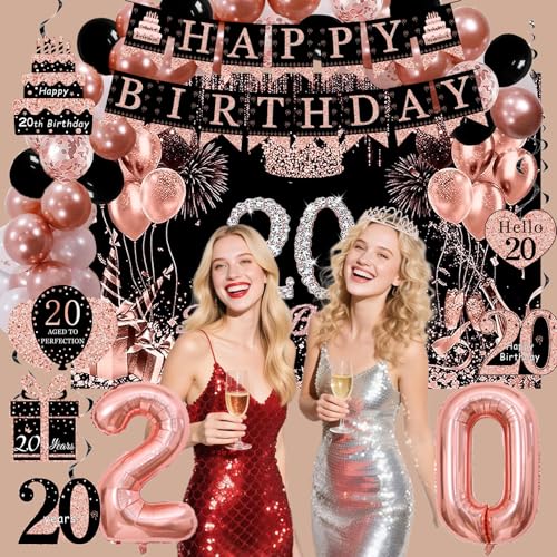 Rose Gold 20th Birthday Decorations for Girls Women - Backdrop, Sparkle Crown Sash, Happy 20th Birthday Banner, Cake Topper, 20 Number Balloons & Hanging Swirl Decorations - 70pcs by Gonngrun - Used condition - Image 8