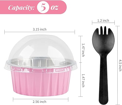 Miniatura 2 de ZORRITA Paquete de 100 mini moldes para cupcakes de 5 onzas con tapas de cúpula y tenedores, tazas de aluminio para hornear pasteles, recipientes