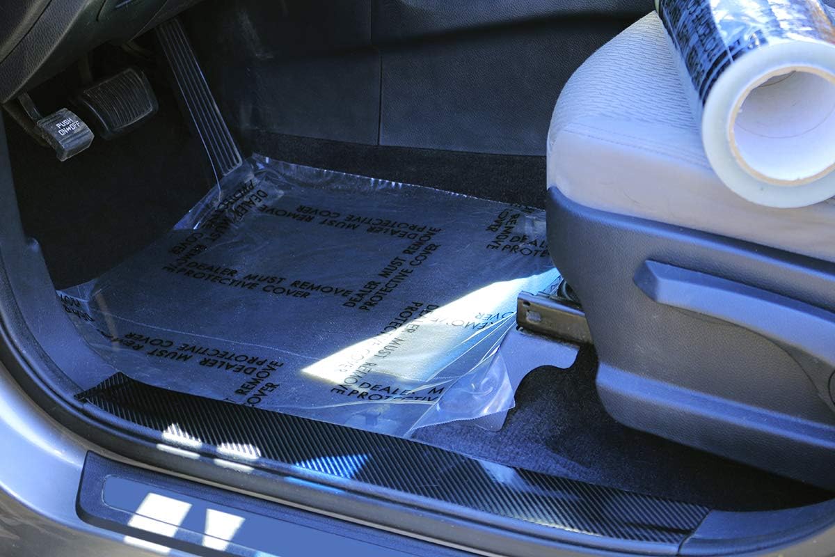 Advanced Tek Adhesive. Sticks to More Vehicle Carpets. Qty:114 mats. ArmorDillo 'Dealer Must Remove' 4 mil Auto Adhesive Floor Mats Protective Plastic Film 100% USA 24" x200' Perfed Every 21"