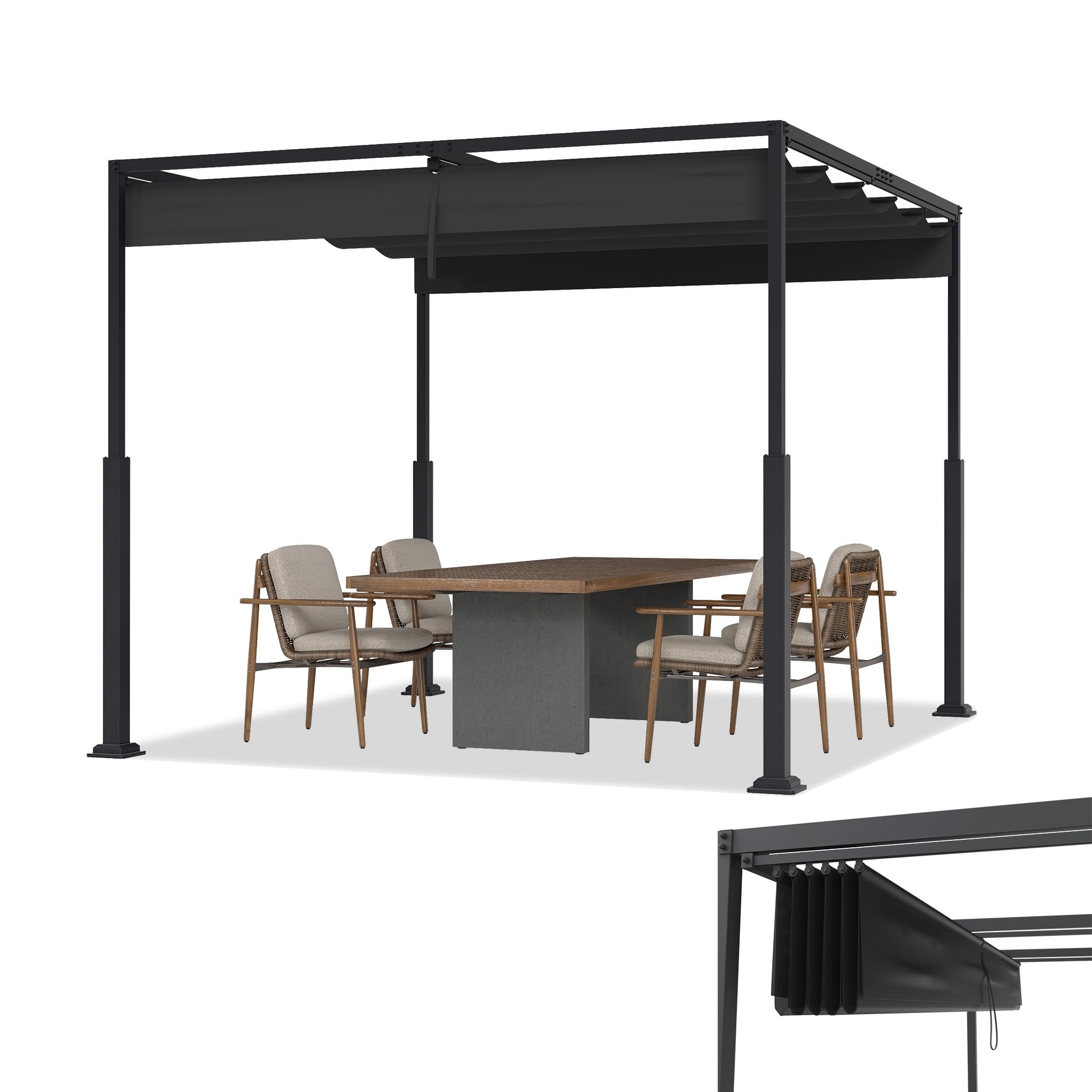 Pergola autoportante en métal noir avec toit coulissant