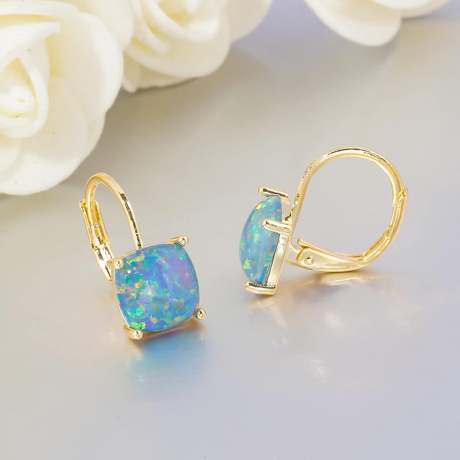 CiNily Leverback Dangle Earrings for Women Girls Hypoallergenic,14K Gold Plated Pendant Earrings Square Opal Hoops Hanging Lever Earrings Fashion Jewelry Gifts for Sensitive Ears - Image 4