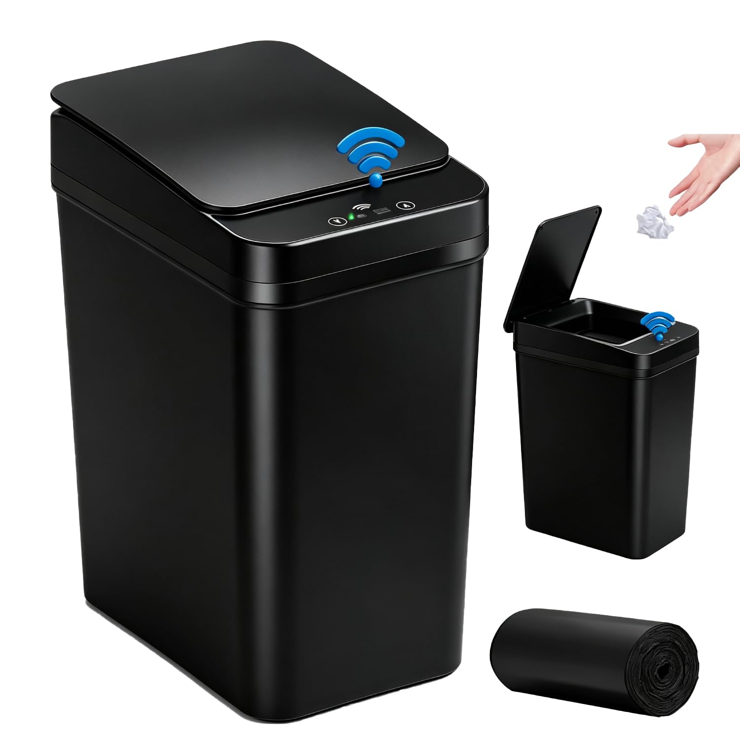 CHAMSUREUK Smart Touchless Bathroom Trash Can 10L Automatic Motion Sensor Rubbish Can with Lid Electric Waterproof Garbage Bin for Kitchen, Office, Toilet, Bedroom (Black + 50x Trash bags)