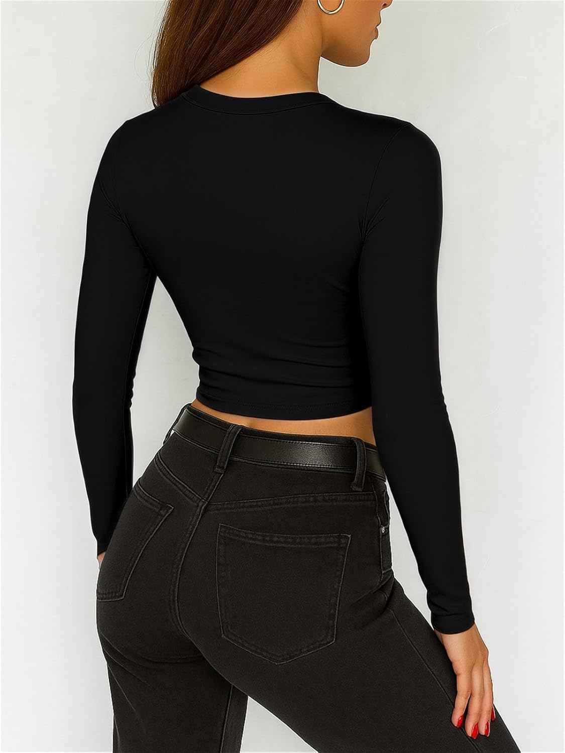 ForeFair Womens Crew Neck Long Sleeve Crop Top Tight Going Out Tops Fitted Fall Y2K Basic Shirts - Image 4