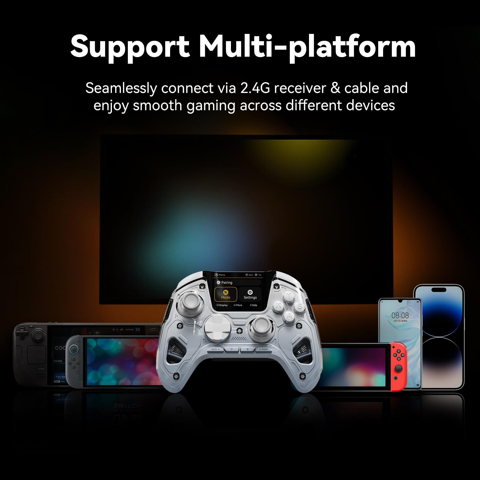 MANBA One V2 Controller Da Gioco Wireless Con Schermo Interattivo (Bianco) | Compatibile Con PC/Switch/iOS/Android, Stick E Grilletti Hall Effect, LED, Pulsanti Macro, Batteria 1800mAh, Base Di Ricarica