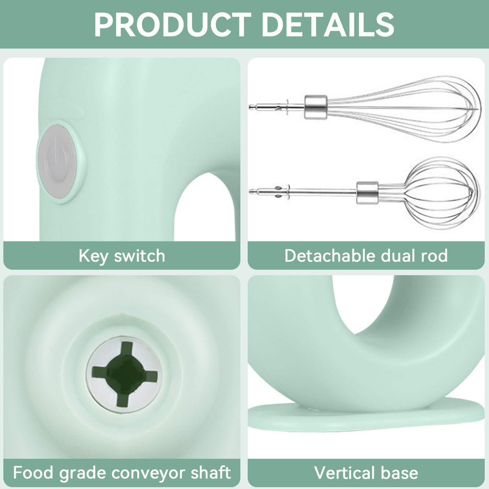 Handmixer, Kabelloser Elektrischer Mini-Eierschläger Handrührgerät Mit 4 Geschwindigkeitsstufen USB Aufladung 1500mah Praktischer Handrührer Elektrischer Mixer Für Die Küche Restaurant (Grün)