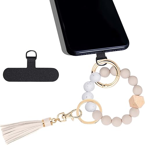 Lostars Silicone Beaded Phone Wrist Strap, Detachable Cellphone Lanyard with Tether Tab, Elastic Hands-Free Wristlet Bracelet for Women