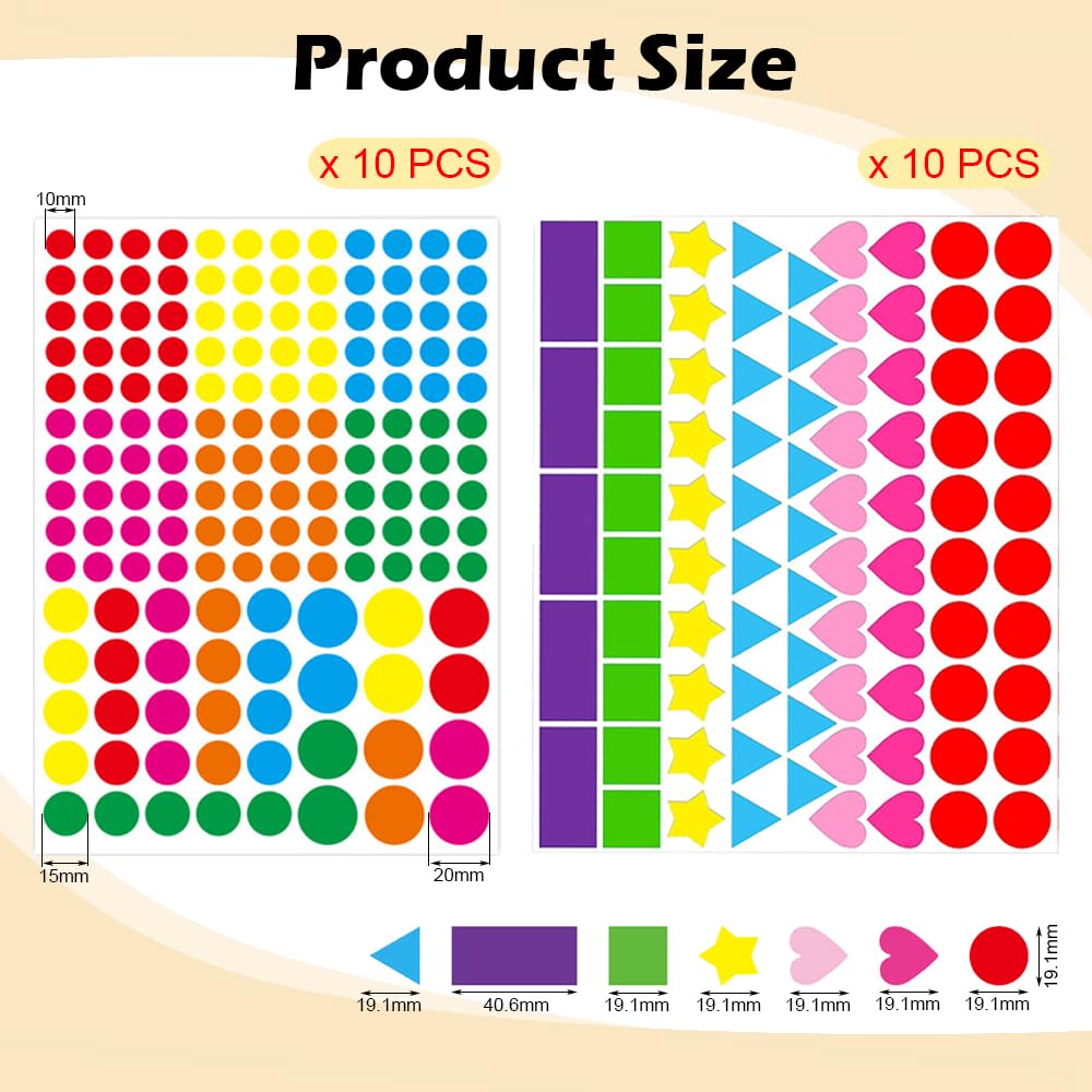 2410 Pack Shaped Coloured Stickers 8 Colors 6 Shapes Dot Stickers Heart & Stars Sticky Coding Labels Sticker for Kids Student Classroom Office - Image 2