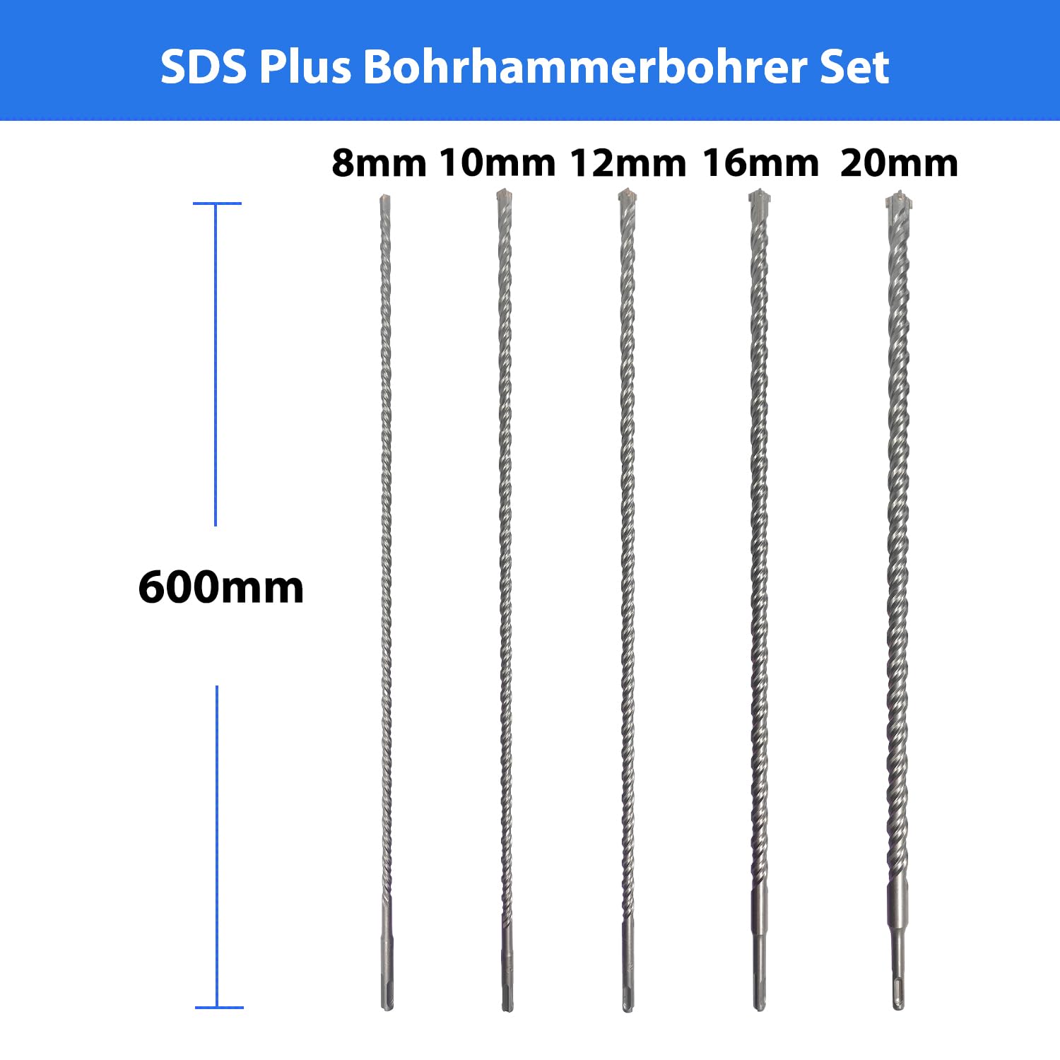 SDS Plus - Set di punte per trapano da 5 pezzi, lunghezza 600 mm, diametro 8/10/12/15/20 mm, con 4 tagli, metallo duro, set di punte SDS Plus, ideale per fori su mattoni, cemento, pietra e