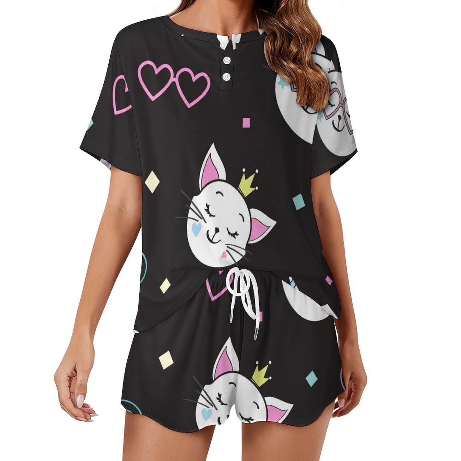 Ensemble de pyjama pour femme chat licorne short et manches courtes pour l'été - 8