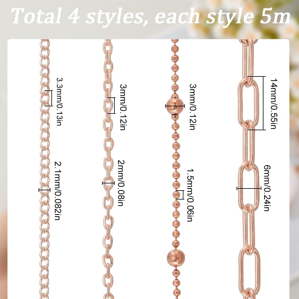 SUNNYCLUE 65.6 Feet/20m 4 Styles Iron Jewelry Chains Rose Gold Necklace Chain Bulk Metal Long Pull Unfinished Soldered Link Cable Extension Connectors Chain for Jewelry Making Necklace Bracelets DIY - Image 2