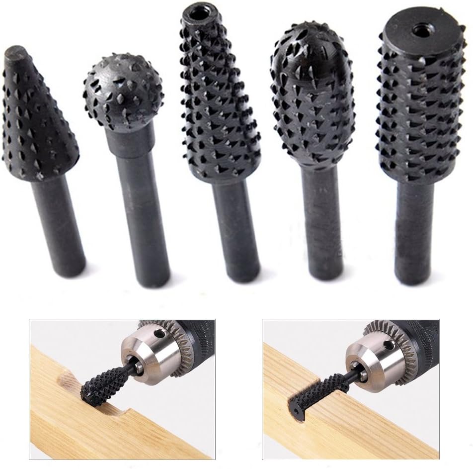 HDDU 5pcs/Set Twist Drill Bit Wood Carving File Rasp Drill Bits 1/4" 6mm Shank Tool Power Tools Woodworking Rasp Chisel Shaped Rotating Embossed Grinding Head