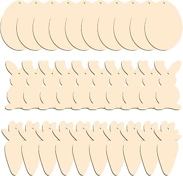 Easter Wooden Ornaments, 30 Pack Unfinished Wood Easter Egg Bunny Carrot Cutouts for DIY Crafts & Decorations