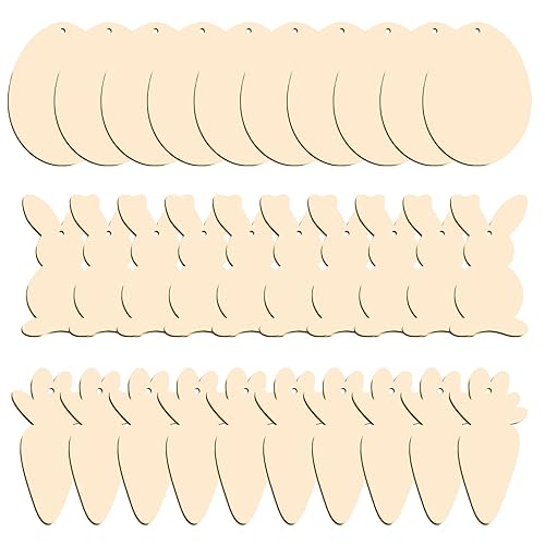 Easter Wooden Ornaments, 30 Pack Unfinished Wood Easter Egg Bunny