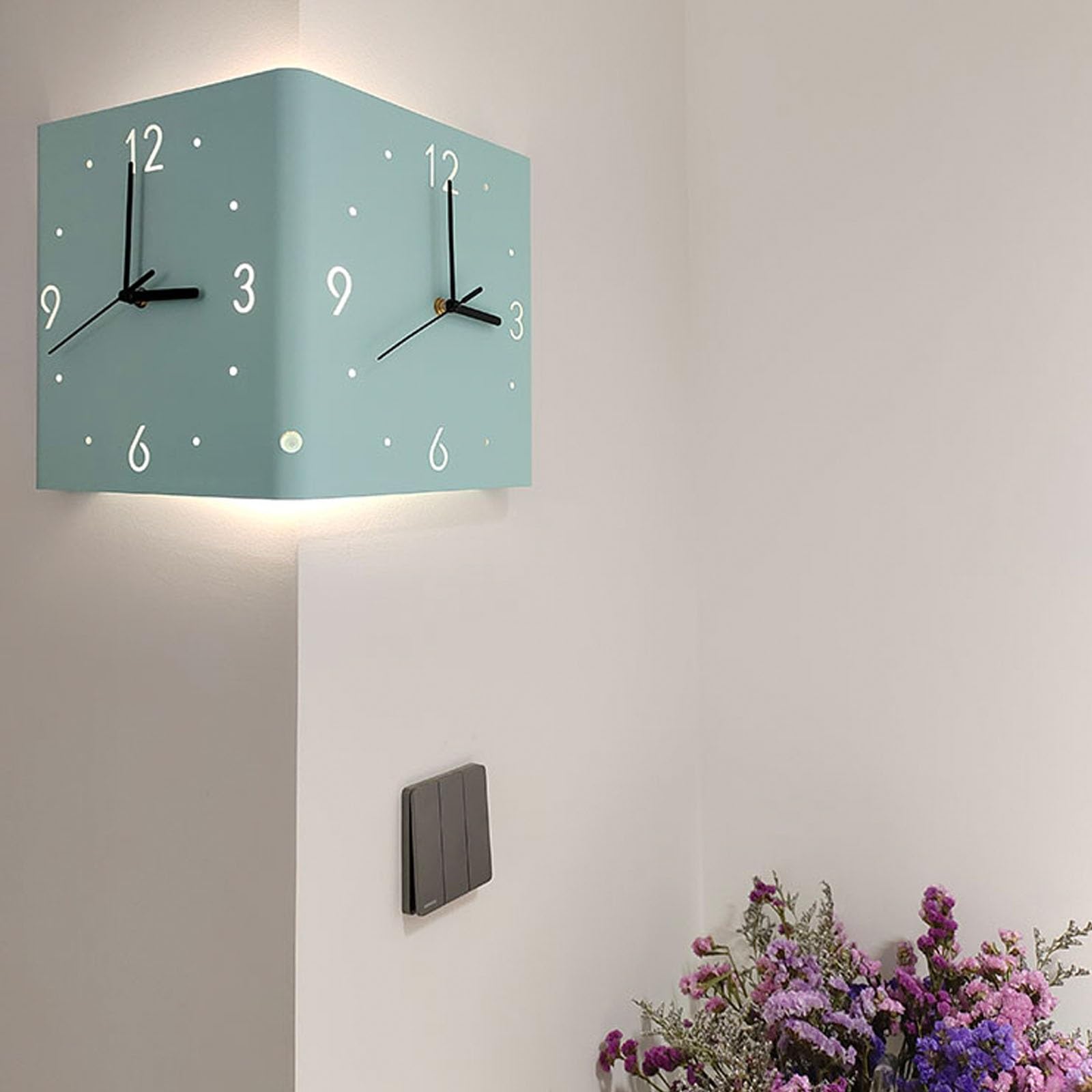 Amazon.com: Operated Silent Square Wall Clock for Bedroom,Art Double Sided  Corner Wall Clock, 3D Metal Corner Clock, Sensor Charging Luminous Corner  Wall Clock with Numeral Scale，No Need to Punch Holes.(Green) : Home