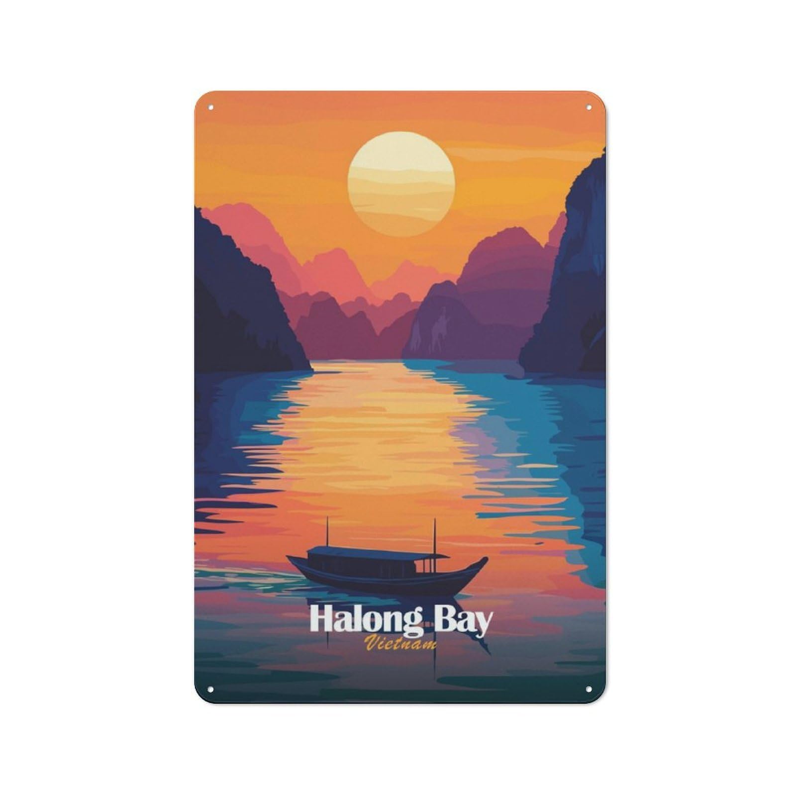 Junmoney Halong Bay Sunset Printed Metal Sign 30X20cm For Guest Room Or Hallway, Suited To Home Decor Collectors