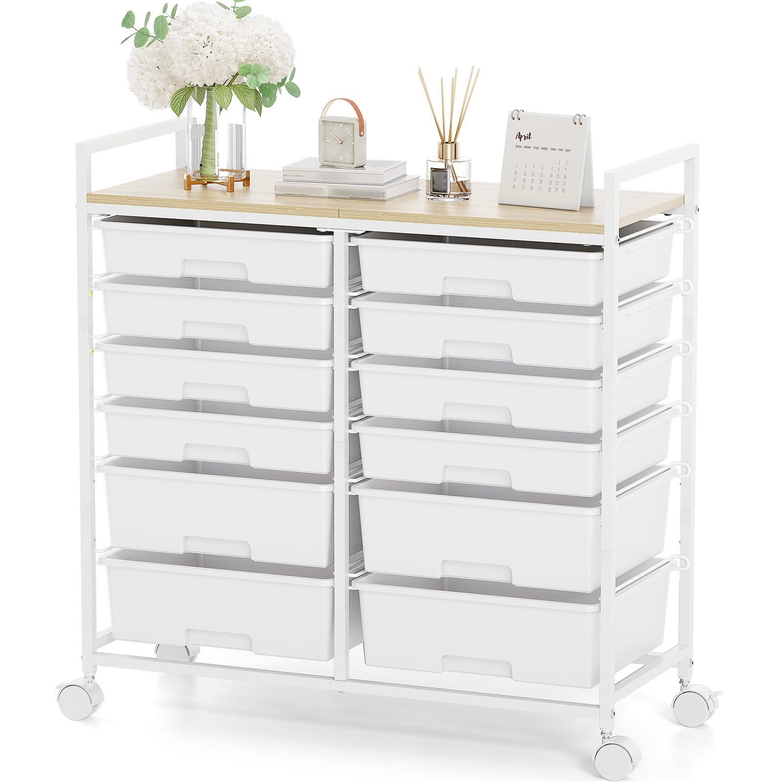 KINGRACK Rollcontainer mit 12 Schubladen und Holzarbeitsplatte, Schubladenschrank für Badezimmer, Küchen, Wohnzimmer und Büros (weiß)