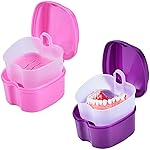 KISEER 2 Pack Colors Denture Bath Case Cup Box Holder Storage Soak Container with Strainer Basket for Travel Cleaning (Pink and Purple)