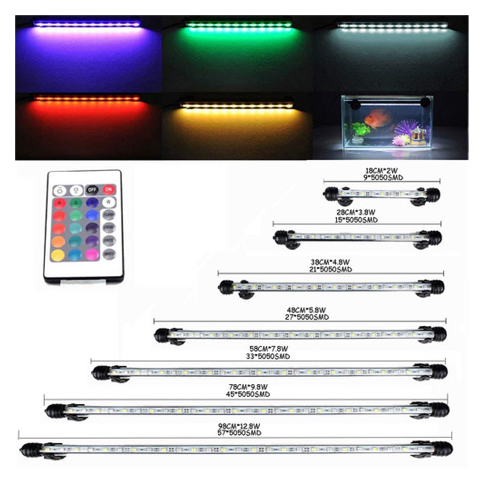 Luz de Acuario remota Tanque de Peces a Prueba de Agua 5050 SMD Barra de luz LED Lámpara acuática Sumergible 18-48CM (Color : US -38CM)