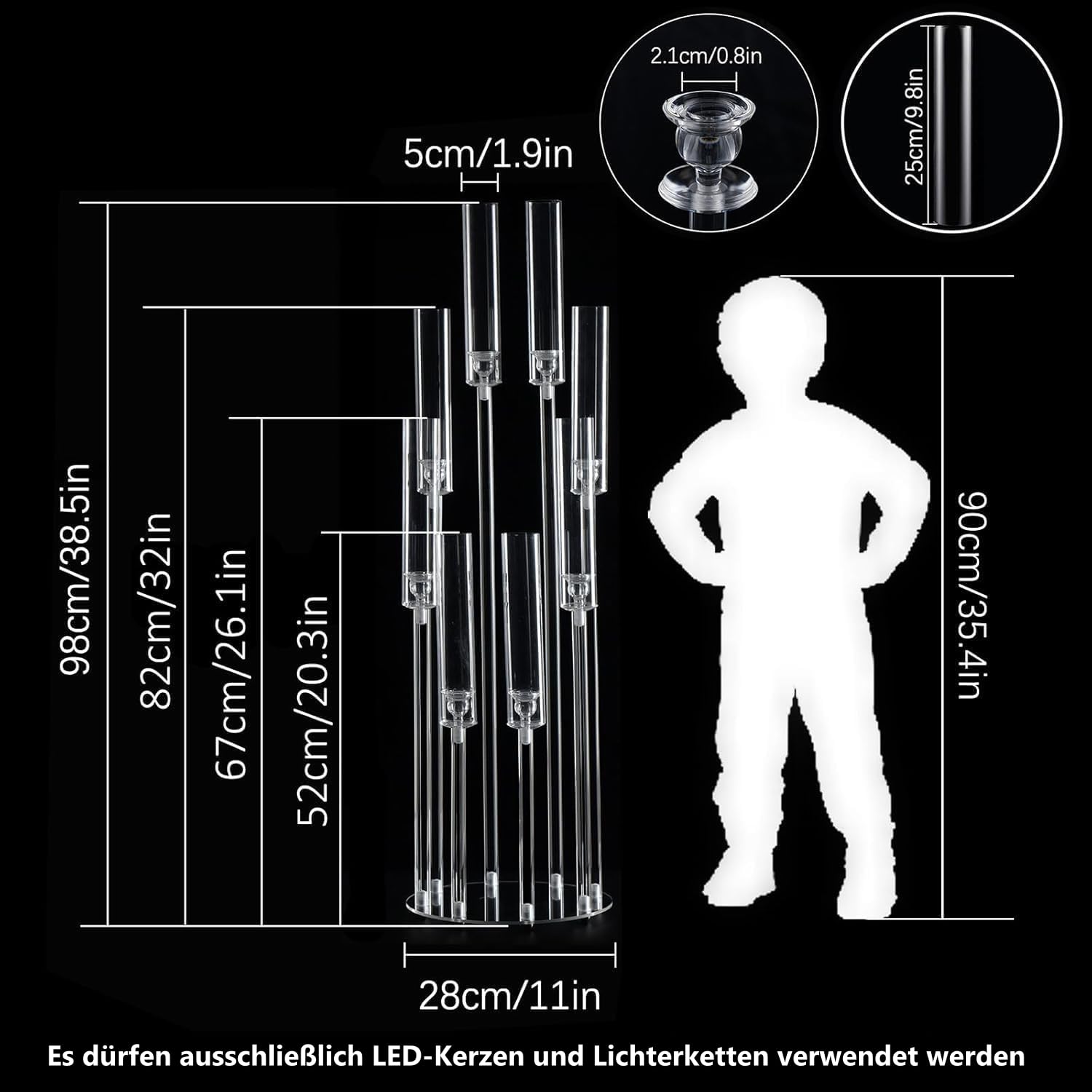 8 Armig Acryl Kerzenständer 98 cm Höhe, Nur für LED Stabkerzen