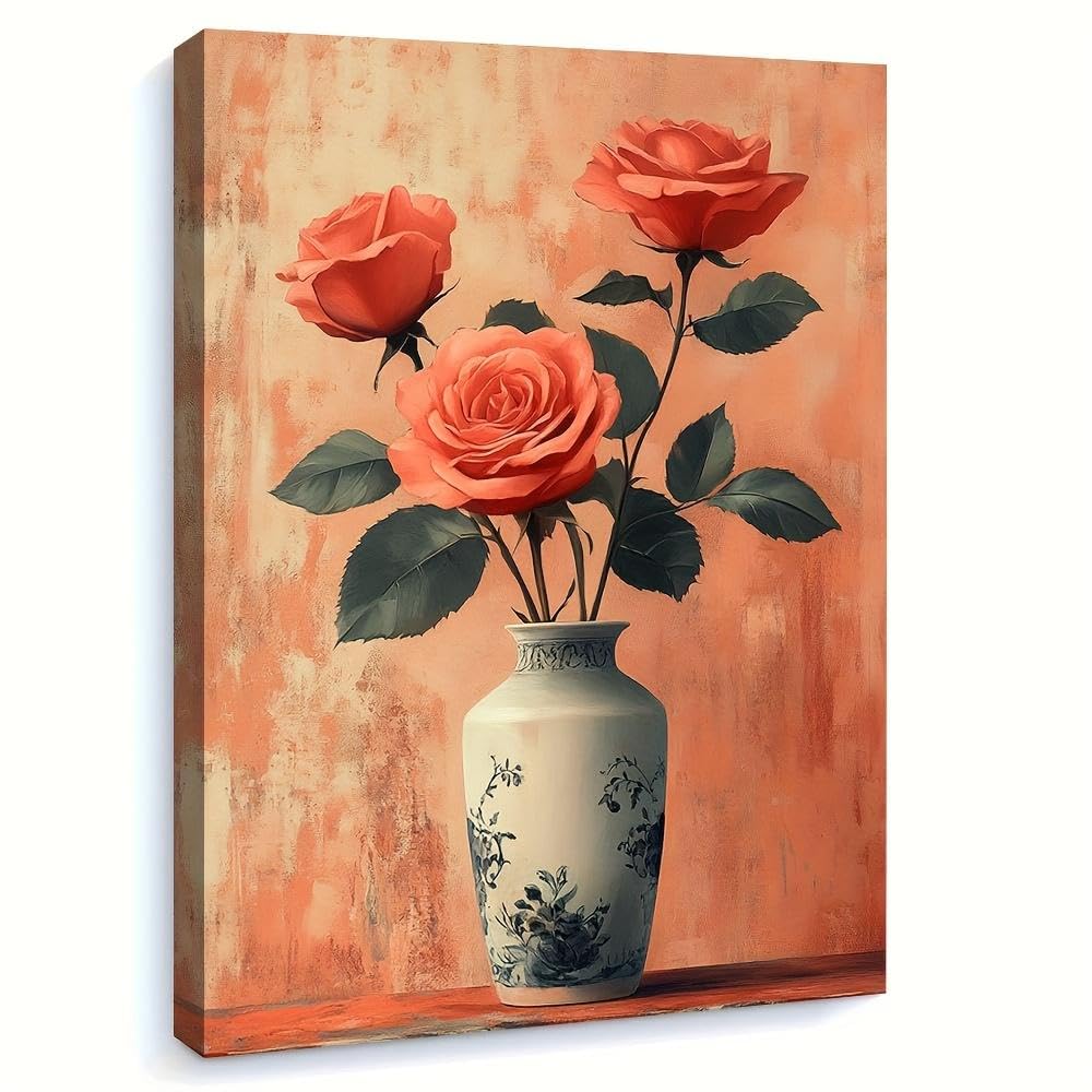 DFZEWKI Vintage Floral Wall Decor with Vibrant Red Roses Rustic Background, Canvas Wall Art for Living Room Home Decor(70x90cm(26x35in)/No frame)