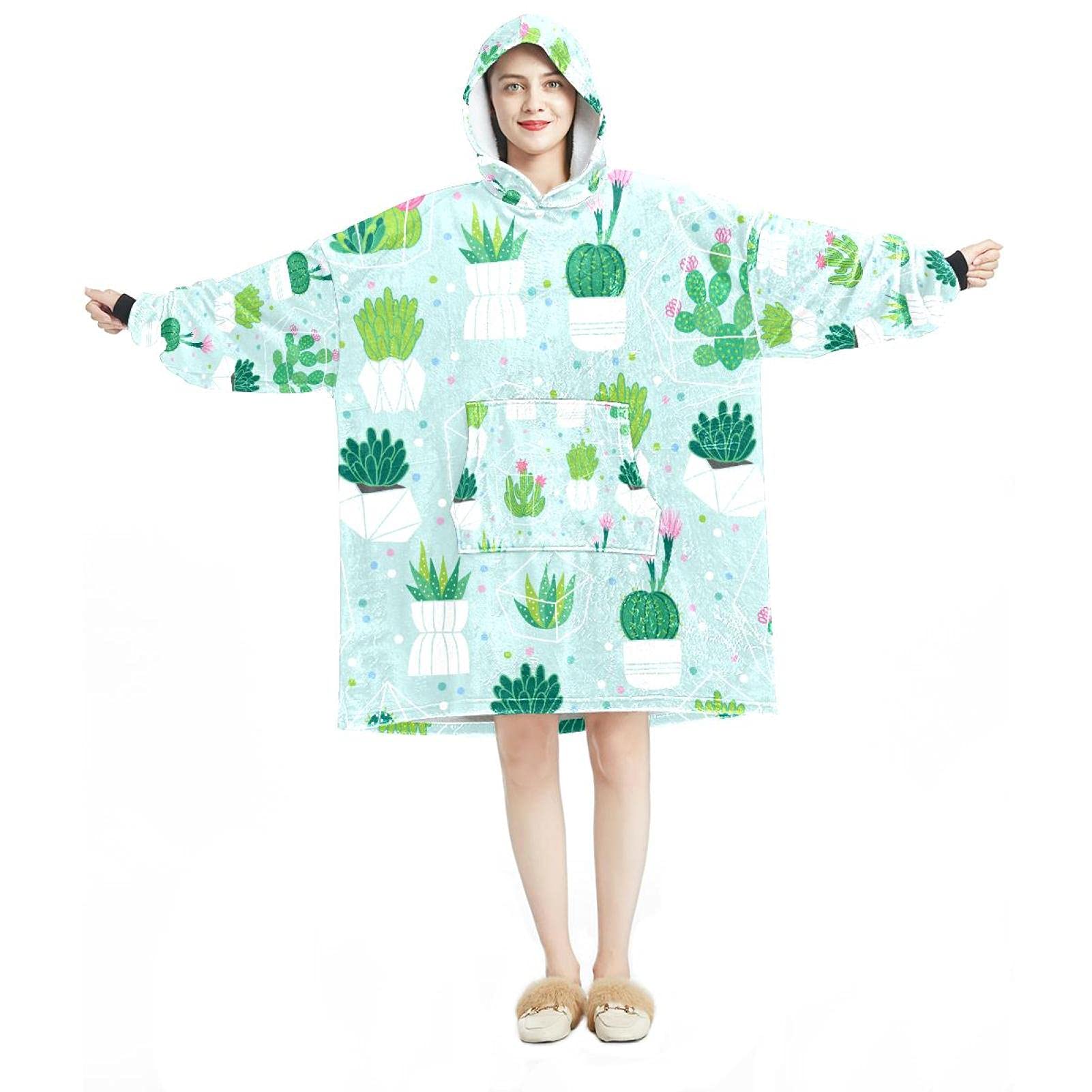 Felpa oversize con cappuccio, in flanella Sherpa, con cappuccio e tasca per adulti, uomini e donne, cactus
