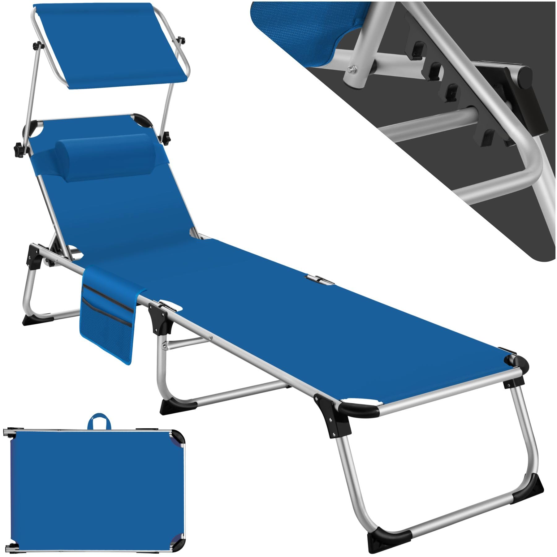 TecTake® Tumbona Jardín Exterior de Aluminio, Tumbona Plegable con Reposacabezas, Parasol y Bolsillo Lateral, Tumbona Playa Reclinable en 6 Posiciones, Tumbona Piscina Resistente a Intemperie - Azul