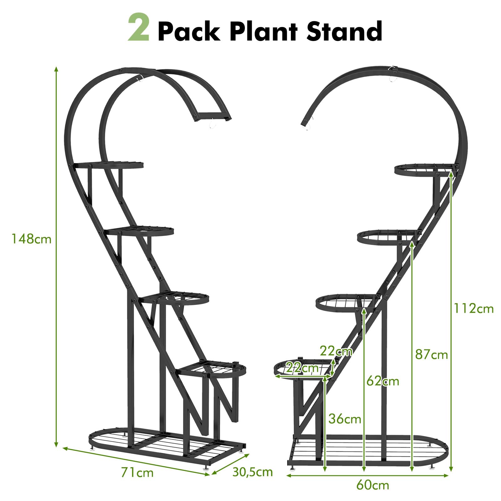HOMASIS Support pour plantes à 5 étages en métal en forme de cœur - Avec crochets - Pour l'intérieur et l'extérieur - Pour salon, jardin, balcon, terrasse - Noir