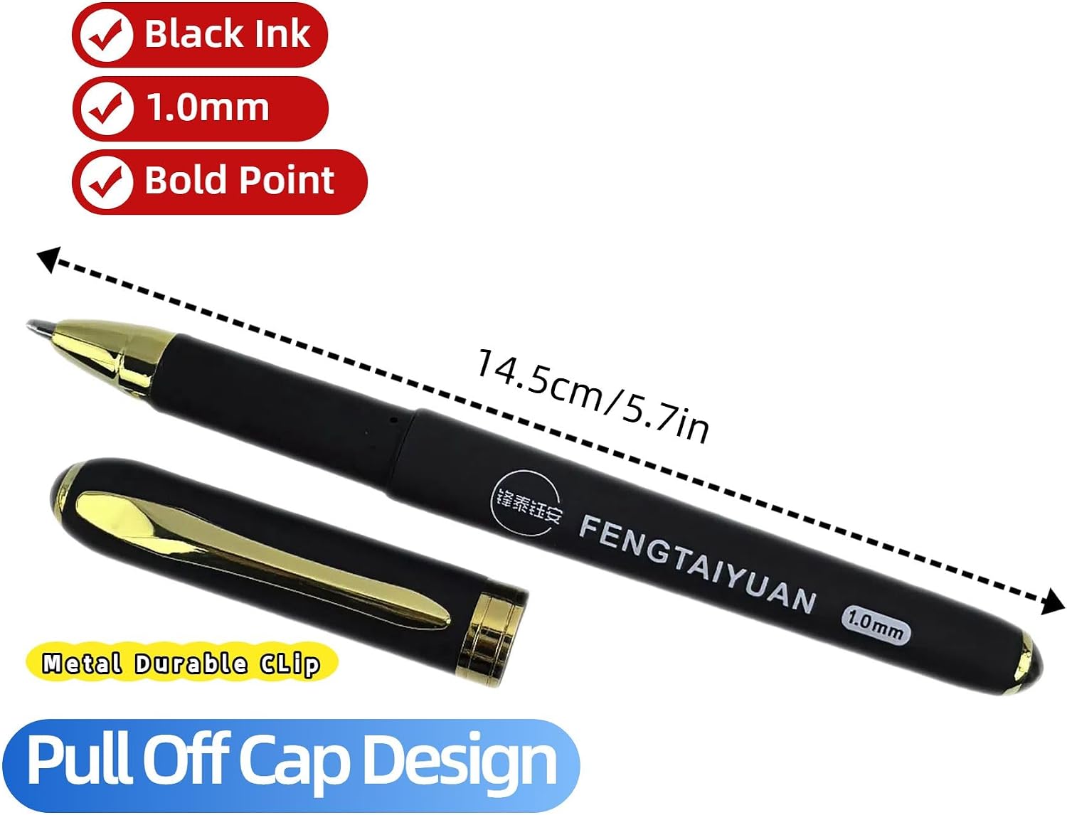 Fengtaiyuan Capped Gel Pens, 1.0mm Bold Point Quick Dry Black Ink, Thick Spray-Coated Non-Slip Barrel with Shimmering Iridescent End Accents & Metal Clip [Pack of 6] image 2