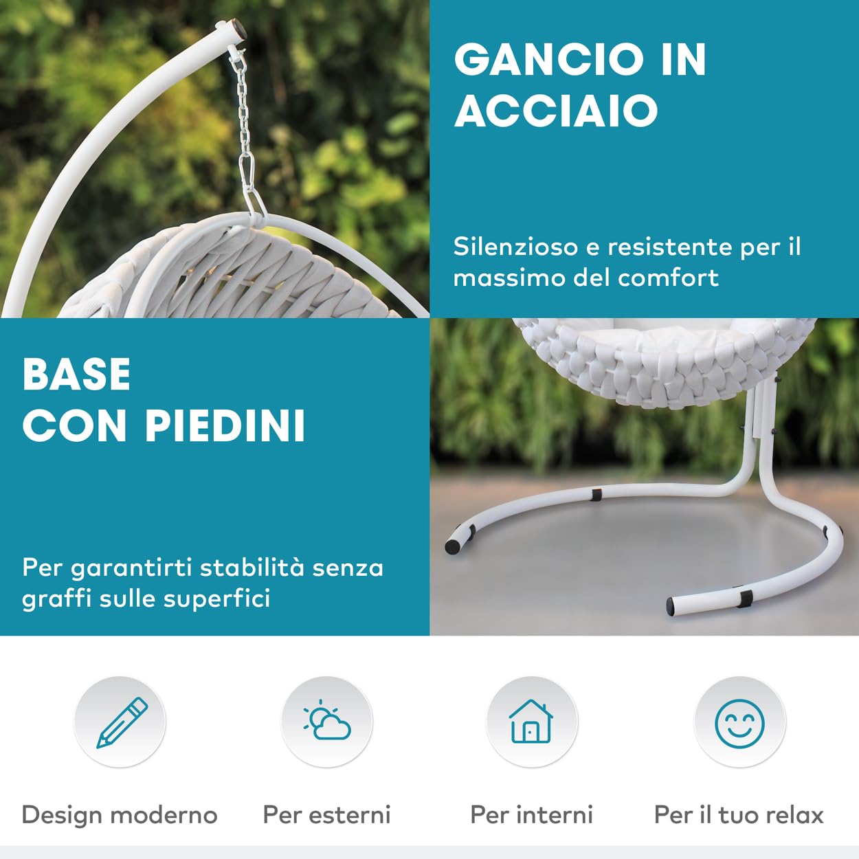 DESHOME Loto - Dondolo da giardino singolo Sedia a dondolo da esterno Poltrona sospesa da giardino Sedia sospesa da esterno Bianco