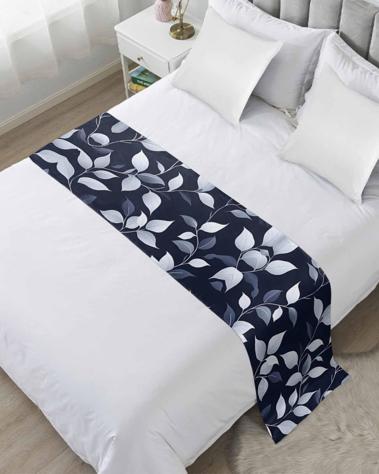 DecorLovee Blue White Eucalyptus Leaves Bed Runners for Queen Size Bed, Decorative Bed Throws for Foot of Bed, Spring Summer Watercolor Plant Bed Runner Sofa Throw Bedding Scarf Protector for Bedroom