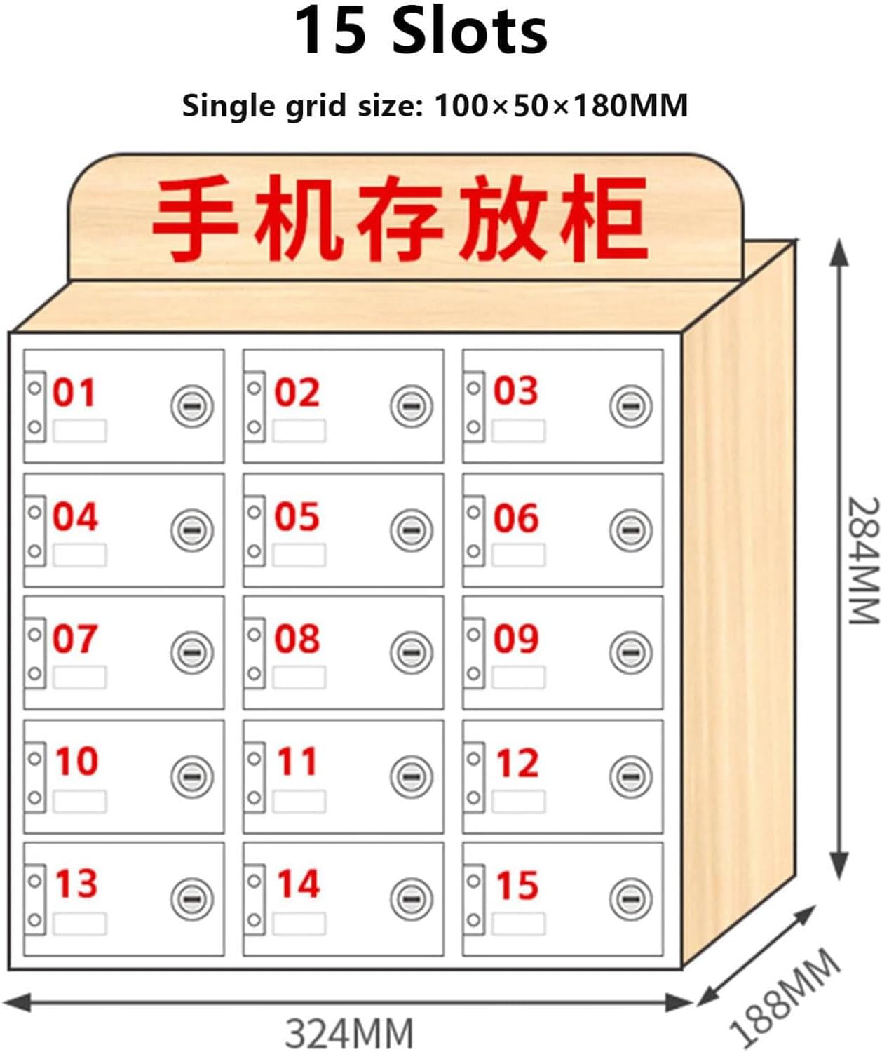 Wall-Mounted Cell Phone Locker Box - 15 Slot Storage Cabinet with Keys for Office, School, Factory, Secure Mobile Device Storage Solution