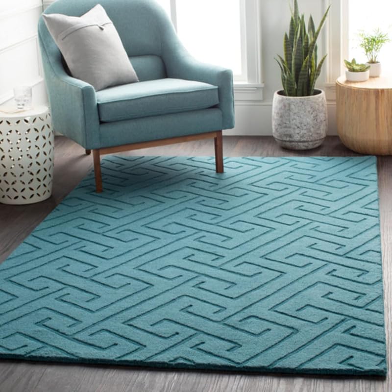 Image of Hand Tufted Modern Design Exported Collection High Low Pattern Wool Carpet for Living Room, Bedroom & Hall (Teal Blue, 6 x 8 Feet)