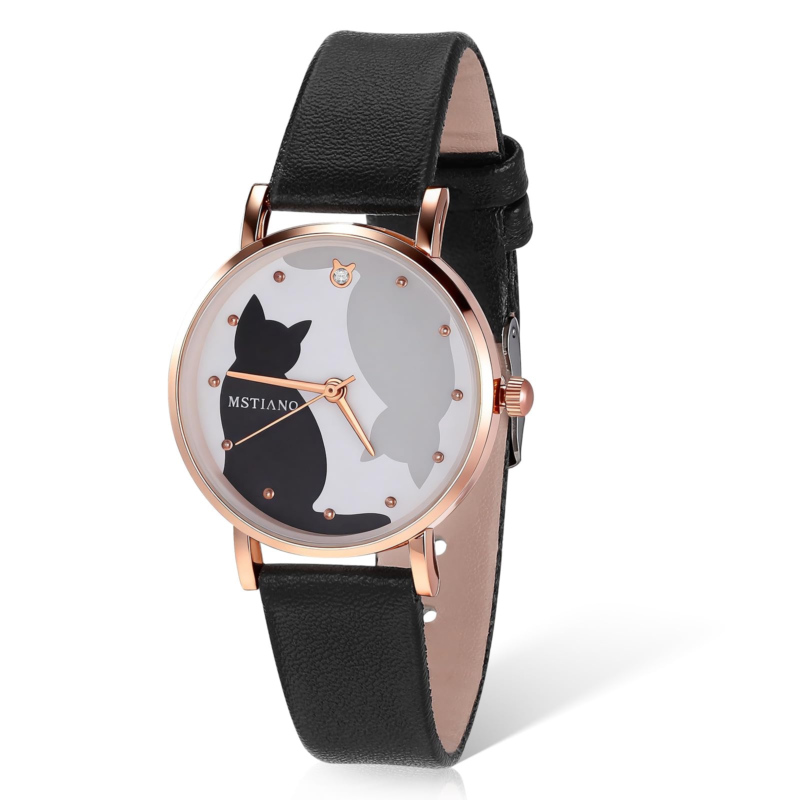 Girls Watch with Leather Strap, Cute Cartoon Cat Pattern Wrist Watch, Easy to Read, Ideal for Girls, Ladies (Black)