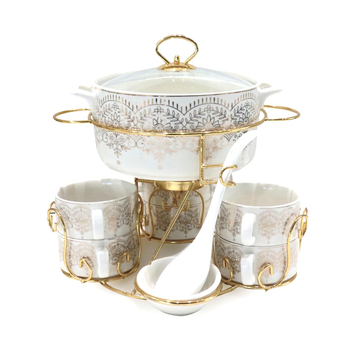 Shallow Bone China Porcelain 17-Piece Soup Set - White and Gold Elegance