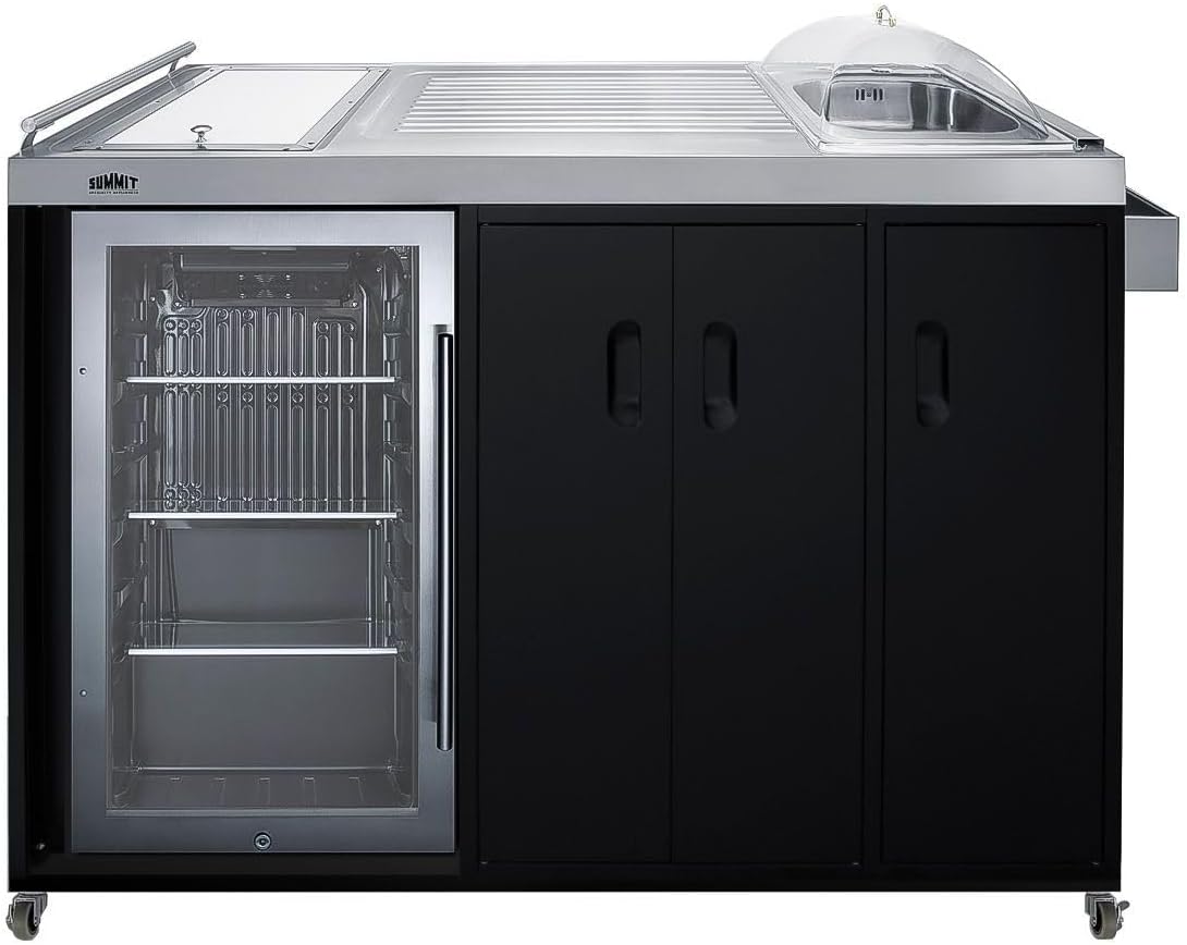 Summit CARTOS54LG Portable Outdoor Kitchenette Bar Cart Beverage Center, Built-in Refrigerator, Sink, and Faucet, Comes with Cutting Board and Sink Drain Container (RHD)
